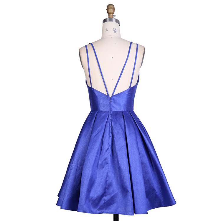 Nice satin width Pink Royal blue women V neck sleeveless short lace up mini A line homecoming birthday party dress with pockets