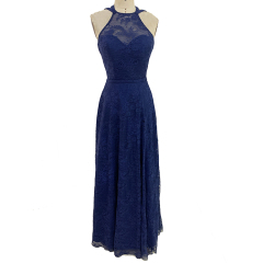 Chaozhou design halter neck embroidery lace navy blue long bridesmaid dresses