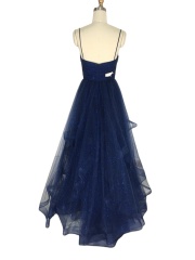 Fashion style v neck sequined asymmetric puffy black ladies tulle prom dresses