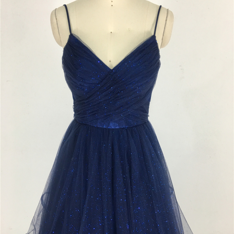 The latest design v neckline sexy navy blue spaghetti strap tulle ruffles sparkly women prom dress for party