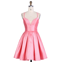 Nice satin width Pink Royal blue women V neck sleeveless short lace up mini A line homecoming birthday party dress with pockets