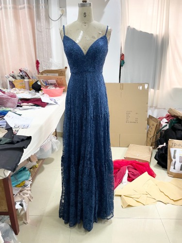 Sleeveless Lace A Line Lace Sold Color Deep V Neck Evening Dress