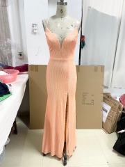 Deep V Neck Solid Color High Slit Germany Women Dinner Sequin Evening Dresses