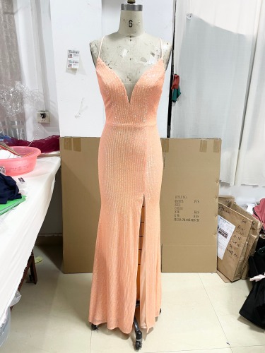 Deep V Neck Solid Color High Slit Germany Women Dinner Sequin Evening Dresses