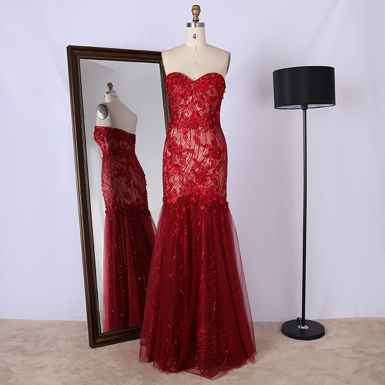Bulk sweetheart neckline strapless beading appliques sweep train red mermaid evening dresses for women