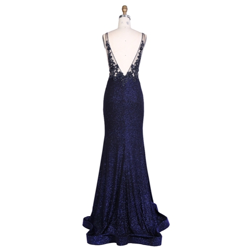 Popular design sexy open back v neck glitter quinceanera graduation navy prom dress
