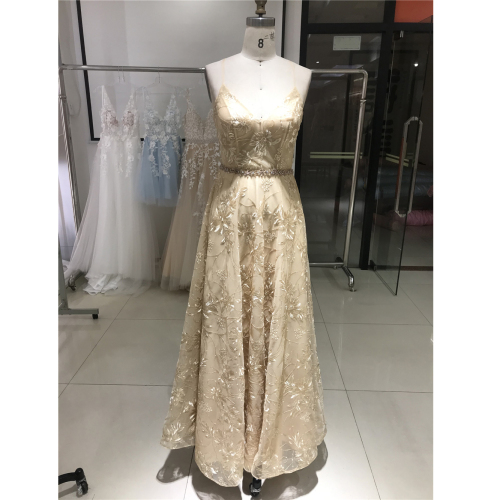 Chaozhou embroidery v neck rhinestone lace up floral ladies long prom dress for banquet