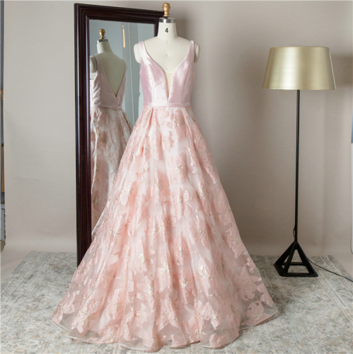 Jacquard fabric v neck maxi women gown floral quinceanera evening dress