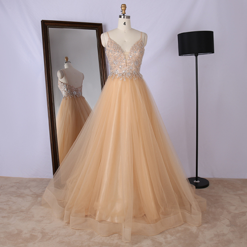 Champagne A line Deep V neck machine beading princess tulle prom dress