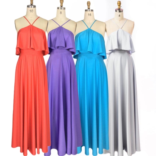 Elegant design solid color satin fabric halter long bridesmaid dresses