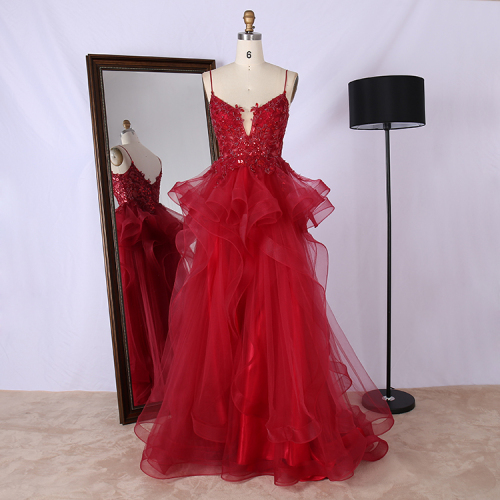 Fancy v neck spaghetti strap beaded appliques sexy women ball gowns red prom dress