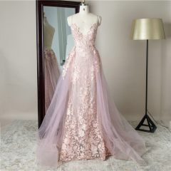 Purple 3D beaded embroidery lace detachable tulle train skirt prom Deep V Neck Mermaid Long Formal Long Gown Evening Dresses