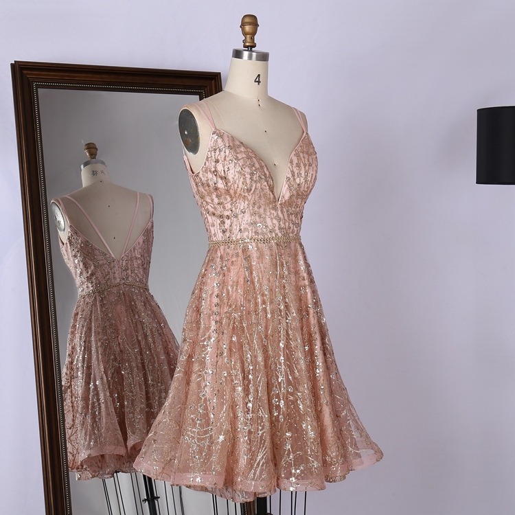 Unique design stylish v neck irregular fluffy short glitter prom homecoming dress