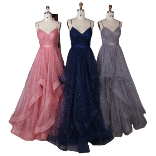 Lilac Red emerald sleeveless shiny tulle pleated ruffle hand beading waist chain lace up back prom evening dresses
