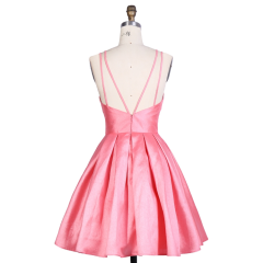 Nice satin width Pink Royal blue women V neck sleeveless short lace up mini A line homecoming birthday party dress with pockets