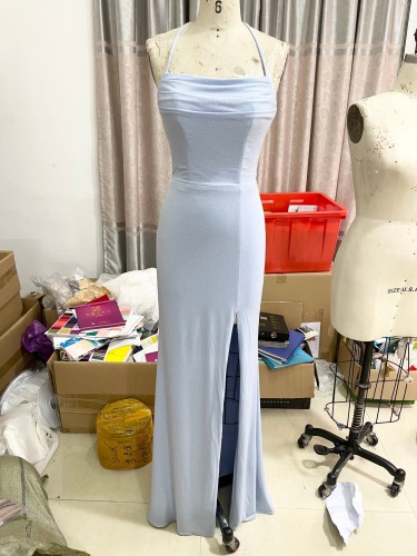 Floor Length Sparkly Sext Women Bridesmaid Ruffles Pleated Slim Party Prom Dress