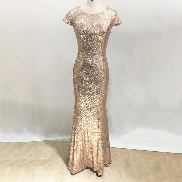 Chaozhou scoop neck sequined long gowns evening dresses luxury mermaid gold evening dresses