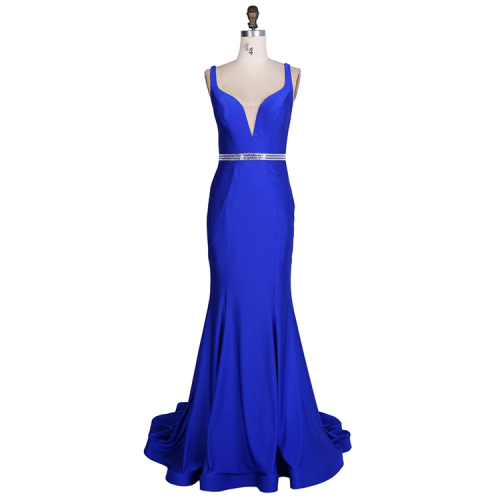 Royal Red hot pink sleeveless deep V neck lace up back beading waist stretch jersey satin mermaid prom evening dresses