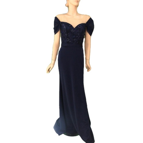 China supplier sweetheart neckline off the shoulder sequined navy blue evening dress for lady