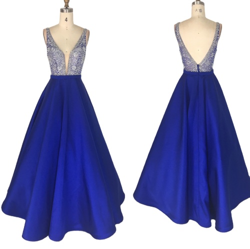 Ball gown Royal blue hand beading sleeveless deep V neck mikado A line prom dresses