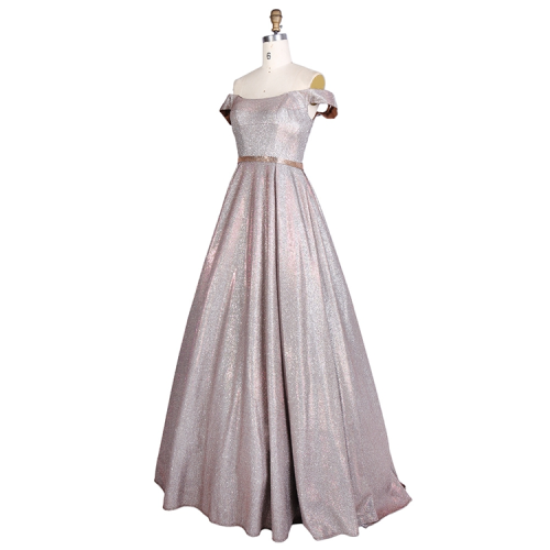 Wholesale off the shoulder shiny knitted fabric prom gown evening dress with rhinestone belt