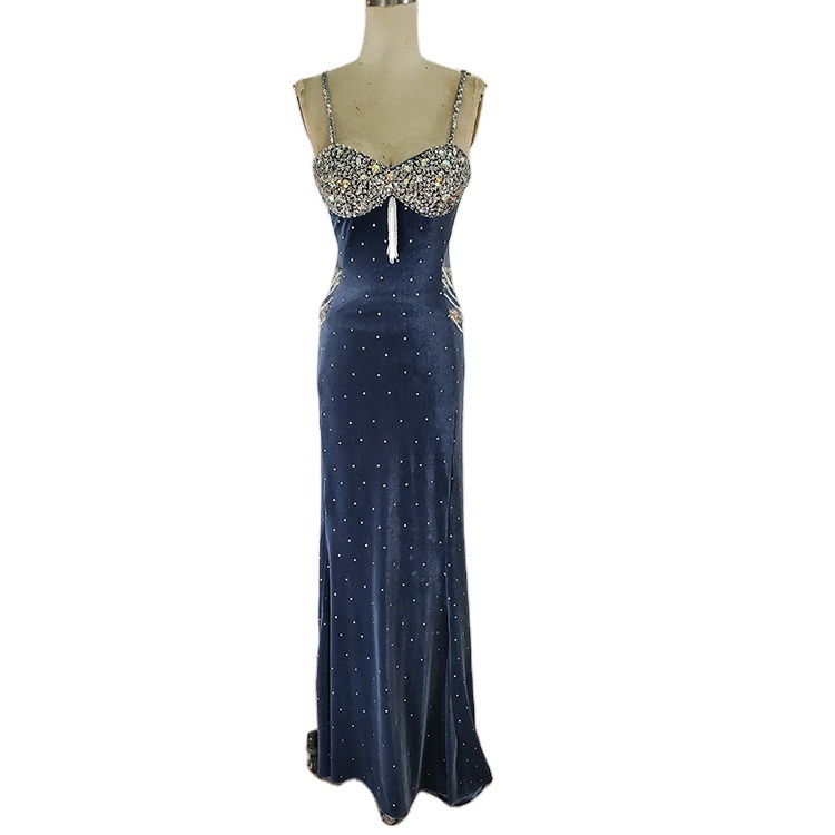 China supplier spaghetti strap beaded ladies dinner luxury evening dresses