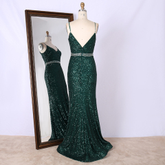 Emerald green hand beaded belt straps pleated Sequin Elegant Mermaid Prom Dresses