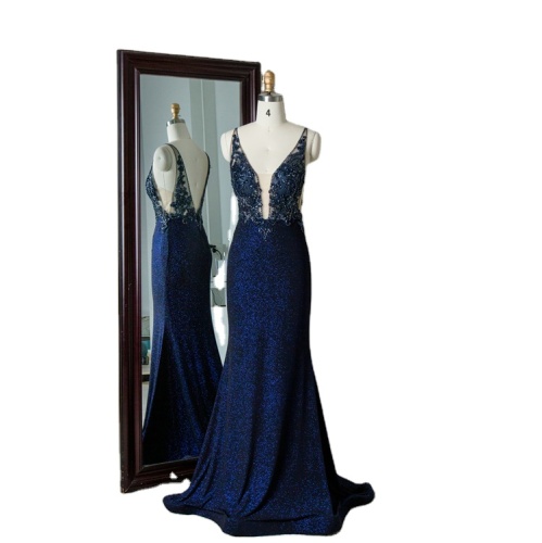 Factory direct sell floor length deep blue crepe long glitter rhinestone translucent evening prom dress