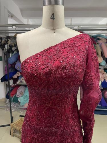 One Shoulder Cocktail Dress Fitted Beaded Asymmetrical Hemline Evening Dress