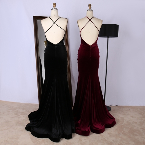 Wholesale spaghetti strap halter velvet bodycon elegant black mermaid evening dress