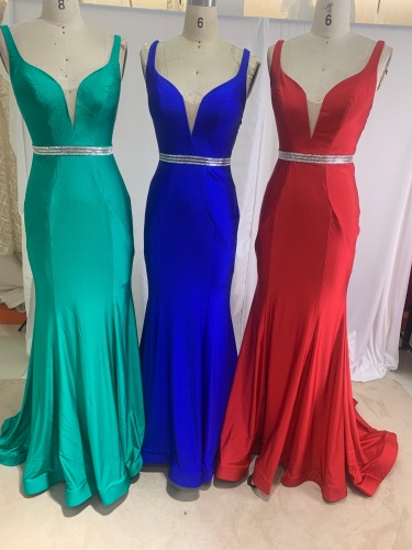 Lace up sweep train v neck mermaid royal blue rhinestone belt slim stretch jersey comfortable prom bridesmaid dress