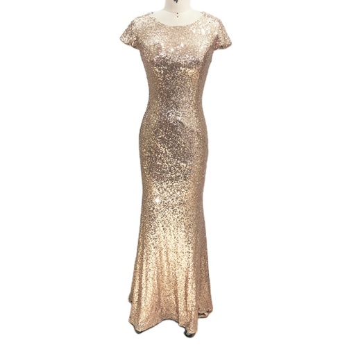 Chaozhou scoop neck sequined long gowns evening dresses luxury mermaid gold evening dresses