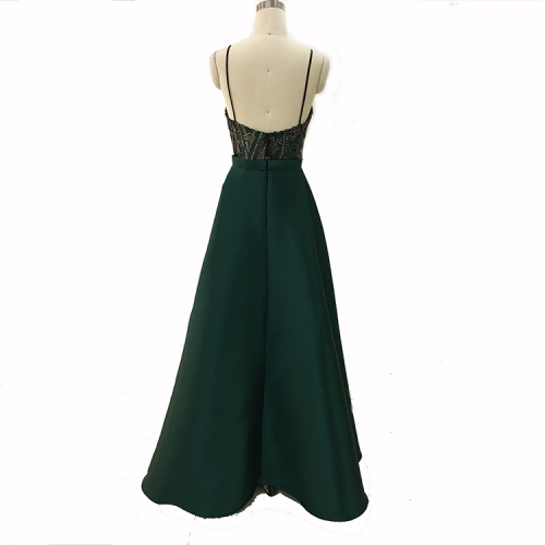 Spaghetti strap v neck sequined elegant green long dinner gown evening dresses for women
