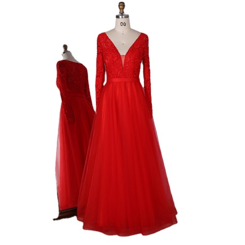 Hot selling v neck chaozhou handmade embroidery elegant long sleeved red evening dresses