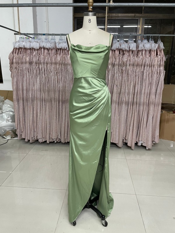 Solid Color Simple Style High Slit Zipper Up Back Evening Prom Dress