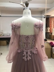 Spaghetti straps A Line embroidery sequin boning corset Princess Blush Prom Dress with attachable sleeves