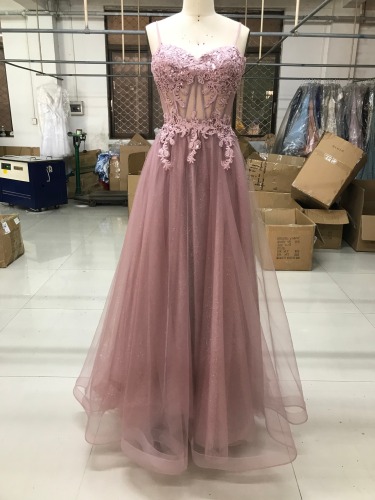 Spaghetti straps A Line embroidery sequin boning corset Princess Blush Prom Dress with attachable sleeves