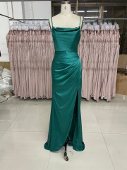 Solid Color Simple Style High Slit Zipper Up Back Evening Prom Dress