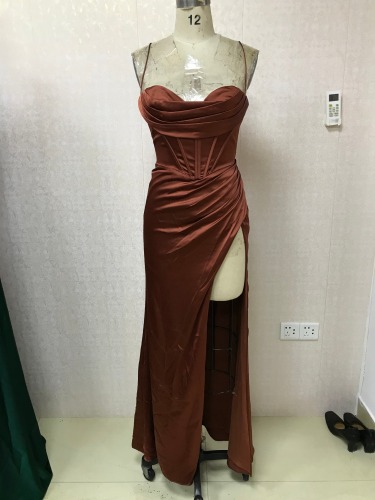 Sienna hand pleated lace up back 2022 Sleeveless Solid Color Hight Slit mermaid Prom Dress