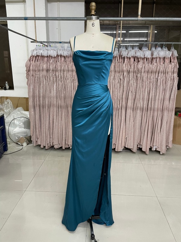 Solid Color Simple Style High Slit Zipper Up Back Evening Prom Dress