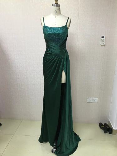 Emerald sleeveless rhinestone satin zipper up back hand pleated fitting prom high slit prom bridesmaid dress