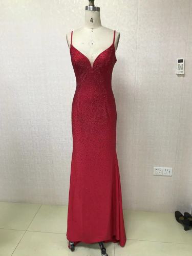 Full rhinestones elastic jersey burgundy Floor Length Sexy Lace Up Backside Fashion Slim Fit Sequins mermaid Evening Dress