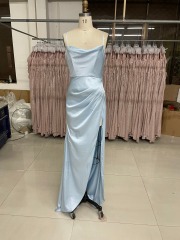 Solid Color Simple Style High Slit Zipper Up Back Evening Prom Dress