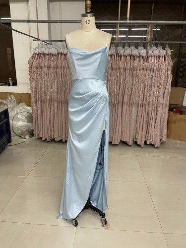 Solid Color Simple Style High Slit Zipper Up Back Evening Prom Dress