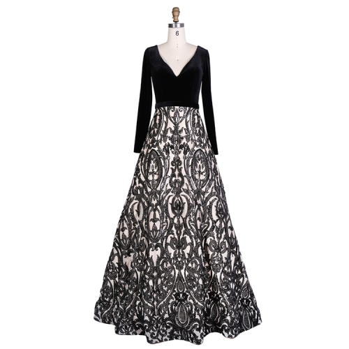 Wholesale cheap prices sequins plus size black evening dress with long sleeves