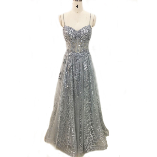 Customized design tulle v neck spaghetti strap sequined backless long sexy grey evening dress for party
