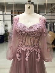 Spaghetti straps A Line embroidery sequin boning corset Princess Blush Prom Dress with attachable sleeves