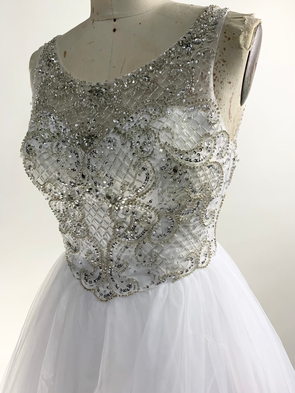 Sleeveless A Line Full Beaded Lace Up Back White Prom Dress