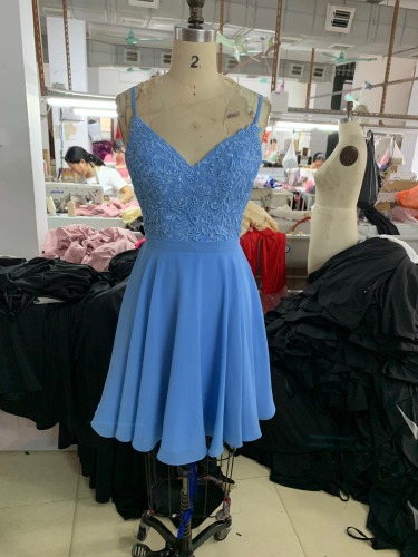 Short Sleeveless embroidery corset A line Chiffon Skirt baby Blue Solid Color Homecoming Dresses