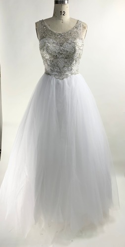 Sleeveless A Line Full Beaded Lace Up Back White Prom Dress